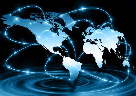 World map on a technological background, glowing lines symbols of the Internet, radio, television, mobile and satellite communications. Internet Concept of global businessの写真素材