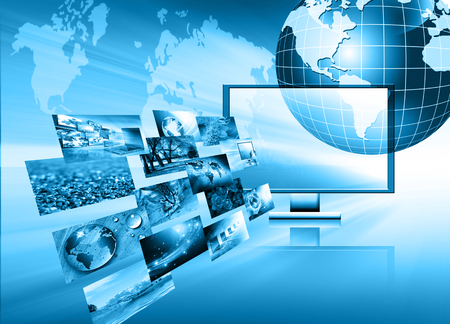 Best Internet Concept. Globe, glowing lines on technological background. Electronics, Wi-Fi, rays, symbols Internet, television, mobile and satellite communications. Technology illustrationの写真素材