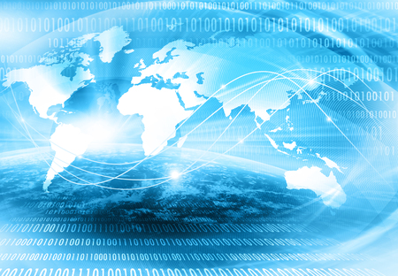 World map on a technological background, glowing lines symbols of the Internet, radio, television, mobile and satellite communications. Internet Concept of global businessの写真素材