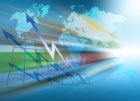 World map on a technological background, glowing lines symbols of the Internet, radio, television, mobile and satellite communications. Internet Concept of global businessの写真素材