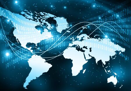 World map on a technological background, glowing lines symbols of the Internet, radio, television, mobile and satellite communications. Internet Concept of global businessの写真素材