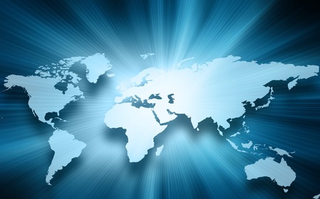 World map on a technological background, glowing lines symbols of the Internet, radio, television, mobile and satellite communications.の写真素材