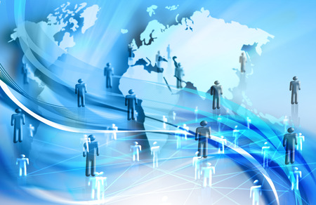 World map on a technological background, glowing lines symbols of the Internet, radio, television, mobile and satellite communications. Internet Concept of global business.の写真素材