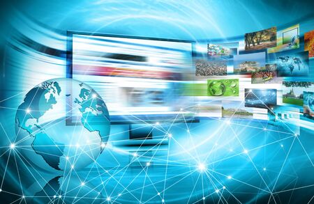 Best Internet Concept. Globe, glowing lines on technological background. Electronics, Wi-Fi, rays,...
