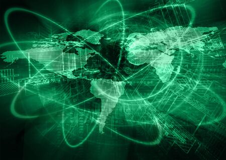 World map on a technological background, glowing lines symbols of the Internet, radio, television, mobile and satellite communications. Internet Concept of global business.の写真素材
