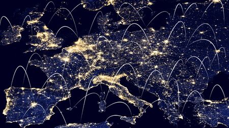 World map on a technological background, bright lines and rays, symbols of the Internet, radio, television, mobile and satellite communications. Best Internet Concept of global business.の写真素材