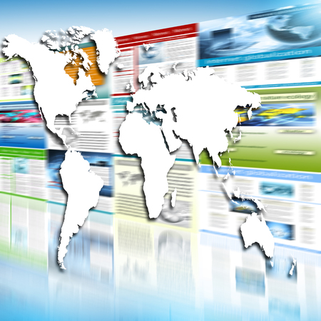 World map on a technological background, glowing lines symbols of the Internet, radio, television,...