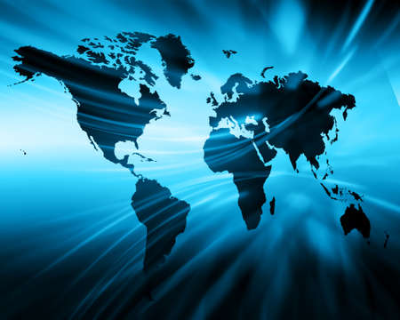 World map on a technological background, glowing lines symbols of the Internet, radio, television, mobile and satellite communications.の写真素材