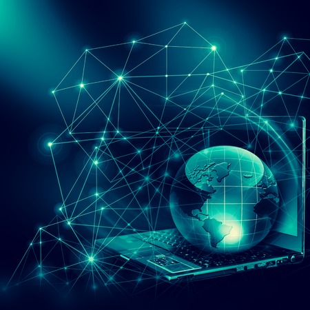 Internet Concept of global business. Globe, glowing lines on technological background. 3D illustrationの写真素材