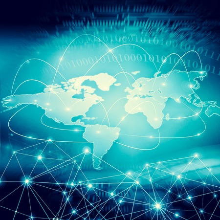 World map on a technological background, glowing lines symbols of the Internet, radio, television,...