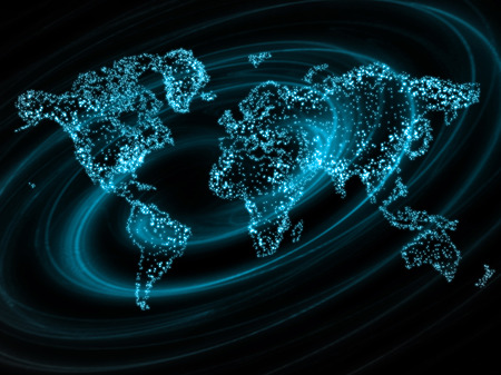 World map on a technological background, glowing lines symbols of the Internet, radio, television,...