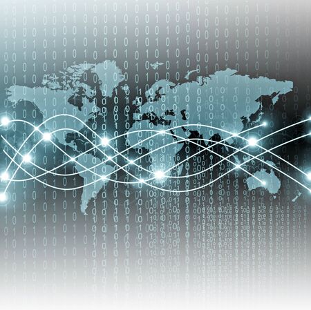 World map on a technological background, glowing lines symbols of the Internet, radio, television, mobile and satellite communications.の写真素材