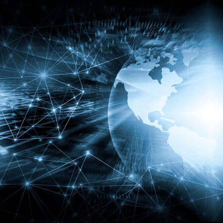 Best Internet Concept of global business. Globe, glowing lines on technological background. WiFi, rays, symbols Internet, 3D illustrationの写真素材