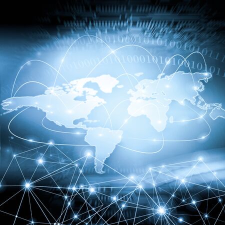 World map on a technological background, glowing lines symbols of the Internet, radio, television, mobile and satellite communications.の写真素材