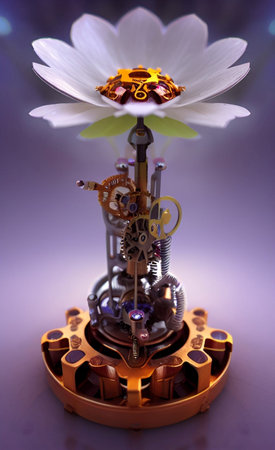 Steampunk mechanism of gears and cogwheels on a white flowerの素材