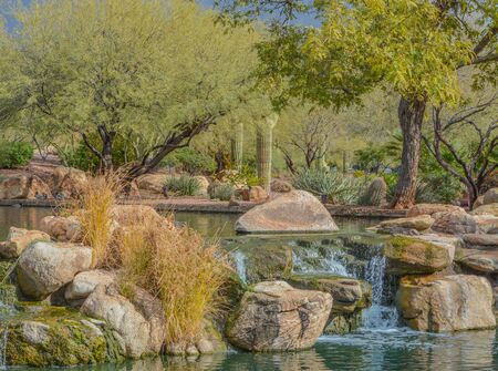 Water fall at Anthem in the Sonoran Desert, Maricopa County, Arizona USAの写真素材