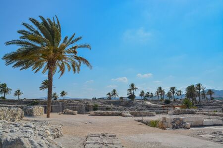 Archaeological remains in Tel Megiddo National Park. At Jezebel Valley, Northern Israel