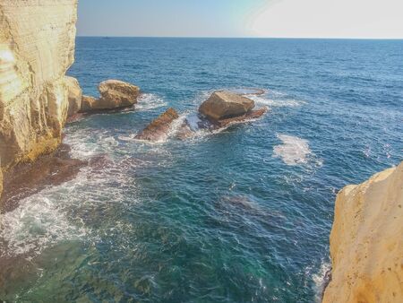 Grottoes opening from the Mediterranean Sea at Rosh Hanikra, western Galilee region, northern...