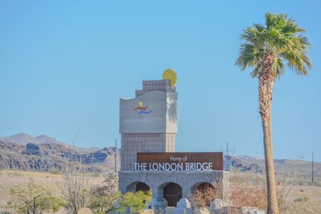 The London Bridge Sign in the City of Lake Havasu, Mohave County, Arizona USAの写真素材