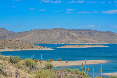 View of Lake Pleasant in Lake Pleasant Regional Park, Sonoran Desert, Arizona USAの写真素材