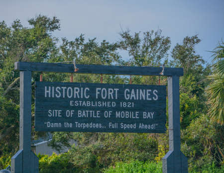 The sign for Historic Fort Gaines on Dauphin Island, Mobile County, Alabamaの写真素材