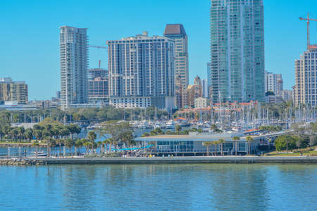 View of a Marina and Downtown St. Petersburg from the new St. Pete Pier on Tampa Bay, Floridaの写真素材