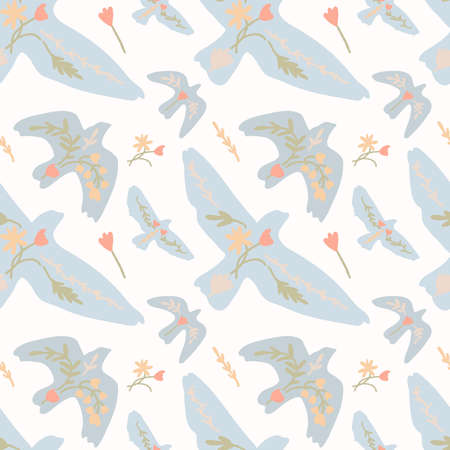 Vector pattern with bird. Flat hand drawn illustration. Flight colorful bird. seamless pattern on white background with flowers. Dove.のイラスト素材