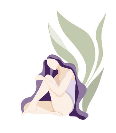 Flat woman in leaves vector illustration. Beautiful women and natur. Beauty wellness. Trendy abstract illustration of a woman.のイラスト素材