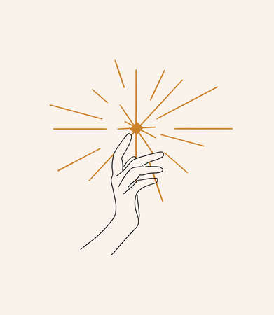 Hand with star. Magic and esoteric symbol. Black celestial linear sketch, boho design, modern vector illustration.のイラスト素材