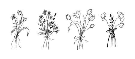 Black line flowers bouquet. Vector hand drawn floral illustrated in black and white.のイラスト素材