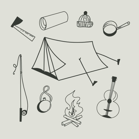 Doodle Set of Camping Elements and Equipment for Hiking in Sketch style. Hand Drawn Tourism Tools and Travel Accessories.Line Vector Illustration. isolated on a white background.のイラスト素材