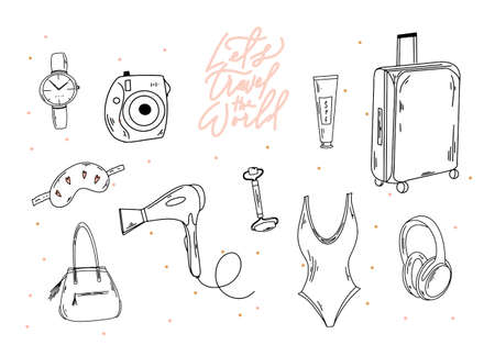 Set of line hand drawn travel. Vocation. Suitcase, swimsuit, hair dryer, headphones, sleep mask, body care and wrist watch.のイラスト素材