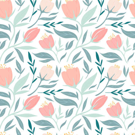 Seamless vector pattern with garden flower, tulip, plants, botanical. Cute pattern with pink flower.のイラスト素材