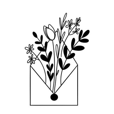 Envelope with flowers and leaves line drawing. Nature Line art vector. Botanical illustration. Greeting card.のイラスト素材