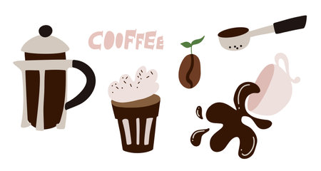 Coffee set. Simple flat hand drawn. Collection of coffee supplies. French press, coffee makers, cup, pot, machine, bean and raf. Vector illustration. Ideal for poster.のイラスト素材