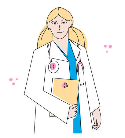 Woman doctor with stethoscope and folder. Children s doctor drawn in bright colors. Physician, Hospital, Checkup, Healthy, Treatment, Personnelのイラスト素材