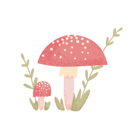 Fly agarics hand-drawn in a flat style. Inedible mushrooms amanita in the grass. Colorful forest wild of assorted edible mushrooms in cartoon style isolated vector illustration.のイラスト素材