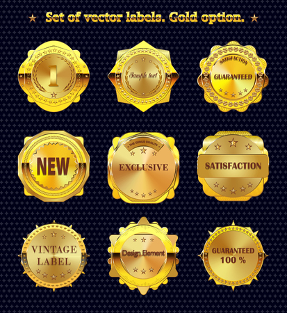 Set of vintage vector metal  design elements. Badges and labels for bussines and advertising. Gold variant.のイラスト素材