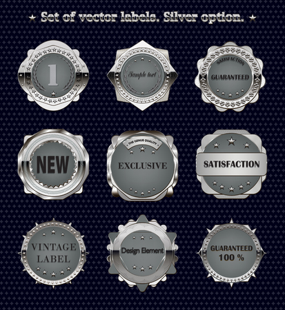 Set of vintage vector metal  design elements. Badges and labels for bussines and advertising. Silver variant.のイラスト素材