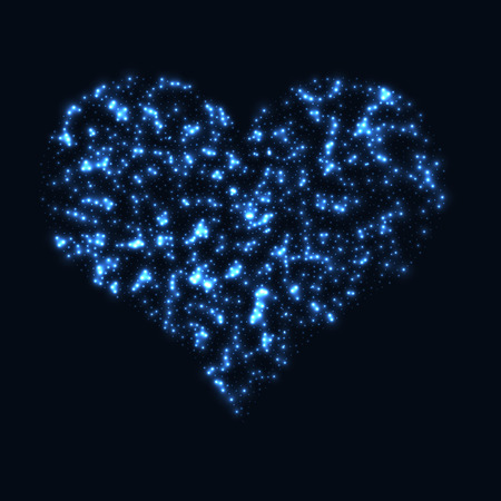 Abstract design - blue glitter particles in heart shape. Glowing sparkling particles on dark background. Vector illustration.のイラスト素材