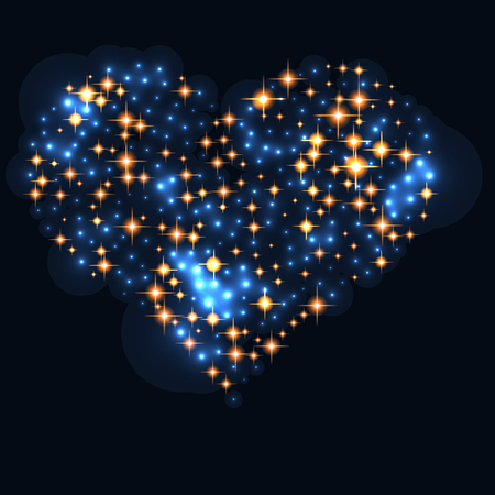 Abstract design - blue glitter particles in heart shape. Glowing sparkling particles on dark background. Vector illustration.のイラスト素材