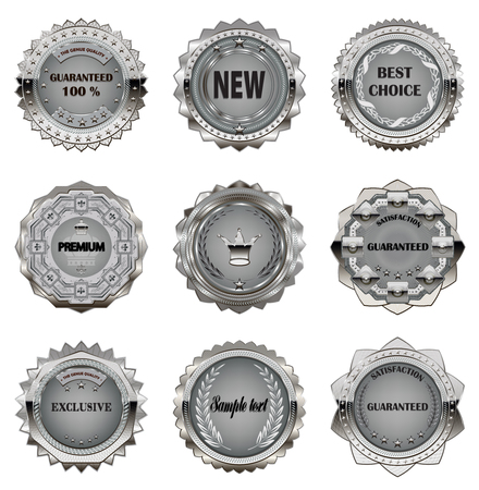 Set of vintage vector metal  design elements on white background. 
Badges and labels for bussines and advertising. Silver variant.のイラスト素材