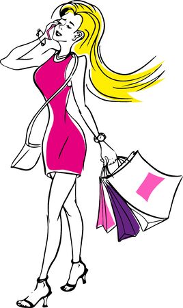 Girl with shopping bags talking the mobile phone sketchのイラスト素材
