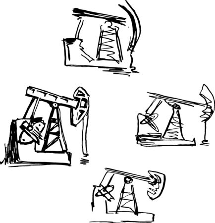pumpin jack. oil industry. set hand drawn ink flourish sketch.のイラスト素材