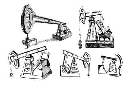 pumpin jack. oil industry. set hand drawn ink sketchのイラスト素材