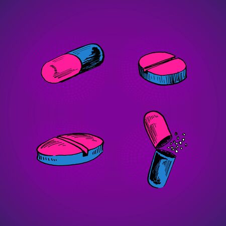 pharmaceutical pills. set color hand drawn vector illustrationのイラスト素材