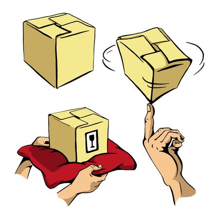 Drawing of delivery box and hands. set vector illustration isolatedのイラスト素材