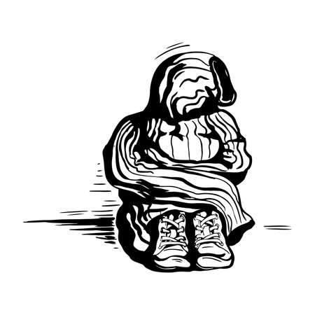 Figure hiding in its sweater. Vector stylized engravingのイラスト素材