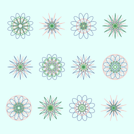 Round ornament set. Circle snowflake and floral ornament linear vector illustration. Logo design template.のイラスト素材