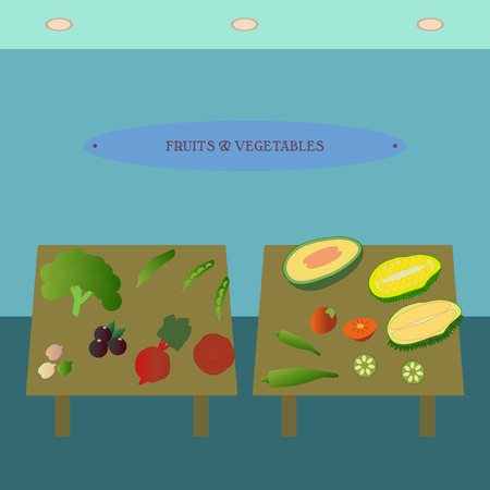 Fruit and vegetable showcase flat icon. Supermarket section advertising design template. Department store interior view. Part of shopping mall inside vector illustration.のイラスト素材